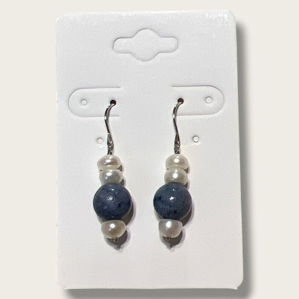 Real Pearl Blue Stone Beaded Dangle Earrings Silver Tone 1.5 Inch